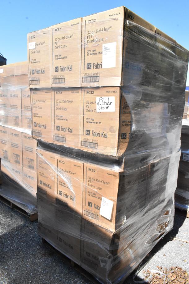 Boxes of Fabri-Kal KC32 32 oz Kal-Clear PET Drink Cups, scratch and dent, 36 boxes per pallet, made in USA.