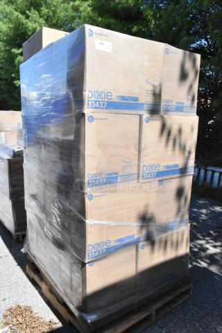 Stack of 26 boxes labeled Dixie 31437, 1/8-Fold 2-Ply Dinner Napkins, Brown, on a pallet, wrapped in plastic.