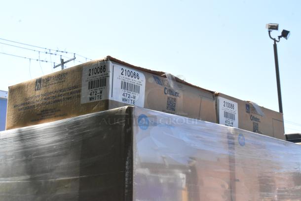 Boxes of Dixie napkins and Hoffmaster tablecovers, item code 210066, new condition, wrapped for shipping, labels visible.