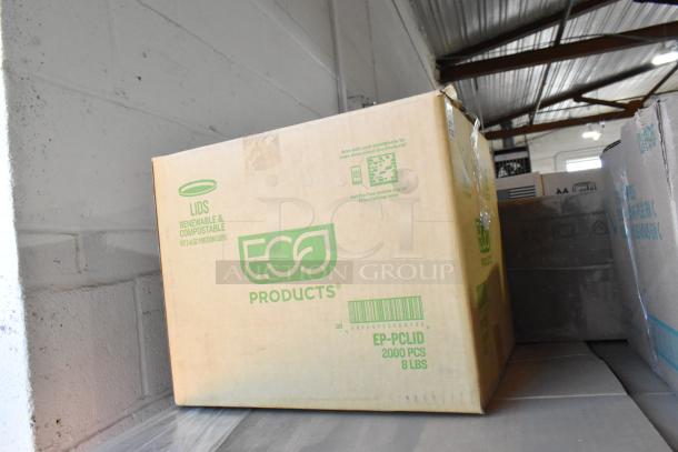 Box of Eco EP-PCLID lids; renewable, compostable, 2000 pcs. Auction lot includes 38 boxes, some scratch and dent.