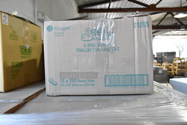 Boxes of Swan C Fold Towels and Eco EP-PCLID Lids in warehouse. New, scratch and dent condition, 38 boxes total.