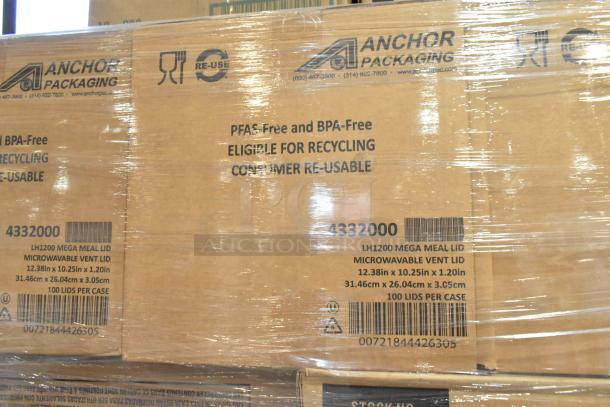 38 new scratch and dent boxes with Solo, Eco, Swan items, and Anchor Packaging lids. PFAS-free, BPA-free, 4332000 marking.