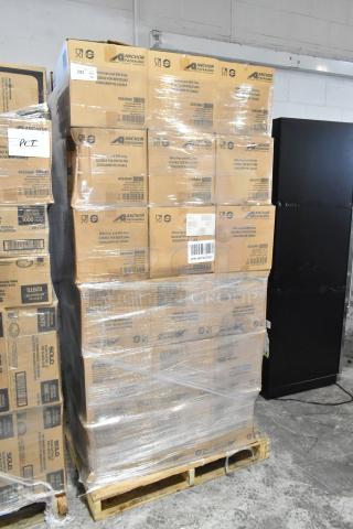 36 boxes of Anchor Packaging 4332000 clear lids for Mega-Meal tray, brand new, scratch and dent condition, on pallet.