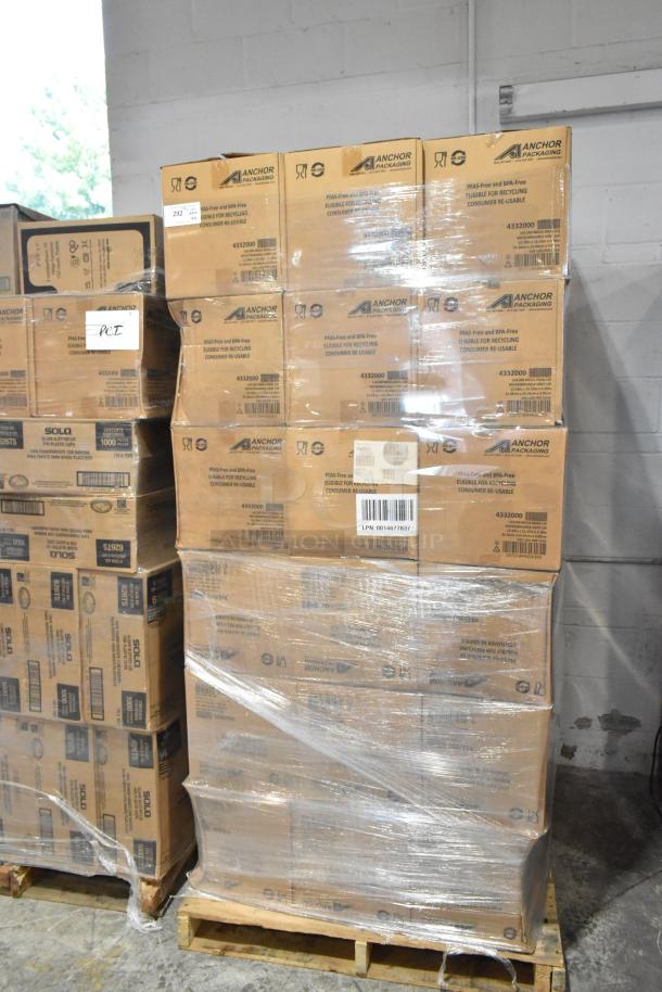 36 boxes of Anchor Packaging 4332000 clear lids, stacked on a pallet. Boxes are new and labeled, wrapped in plastic.