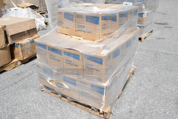 Pallet of Lavex carton sealing tapes, wrapped and labeled. Includes Lavex acrylic 2 Mil 3"x110yds and 1.8 Mil 48mmx100m cases.