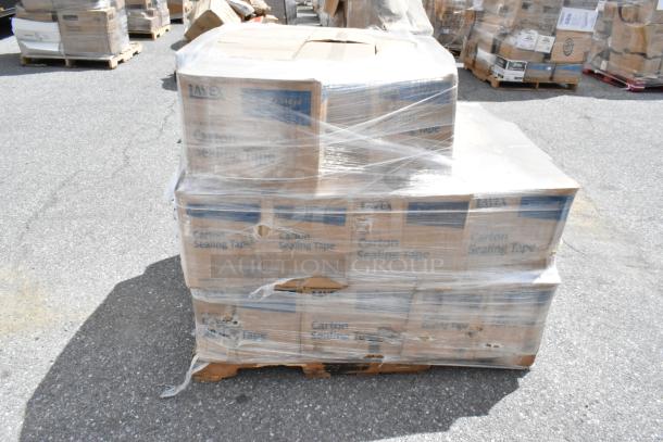 Boxed Lavex carton sealing tape on pallets, shrink-wrapped. Includes 30 brand-new scratch and dent items.