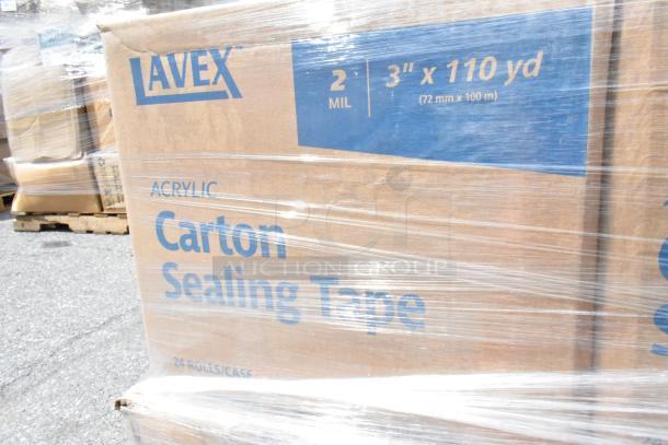 Box of Lavex 2 Mil Clear Acrylic 3" x 110 Yard Carton Sealing Tape, 24 rolls per case, shrink-wrapped for protection.