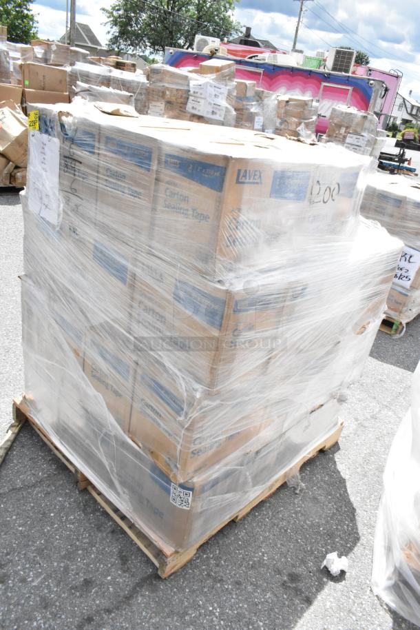 52 brand new scratch and dent items, including Lavex 2 Mil Clear Acrylic 3" x 110 Yard Carton Sealing Tape, 24/Case, palletized.