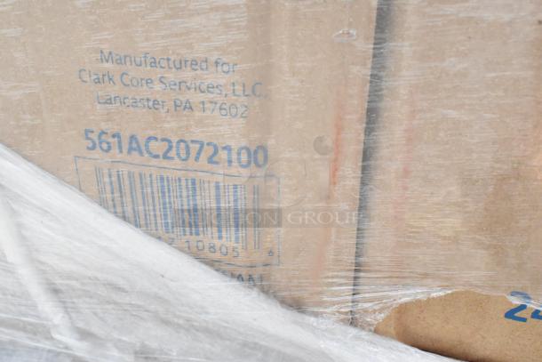 Pallet with 52 new scratch and dent items, including Lavex 2 Mil carton sealing tape. Barcode and manufacturer info visible.