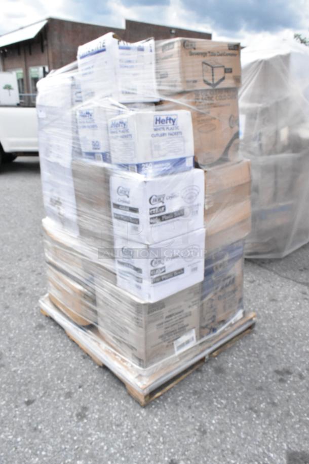 Pallet with 27 scratch and dent items, including Hefty cutlery and Dart containers, wrapped in plastic.