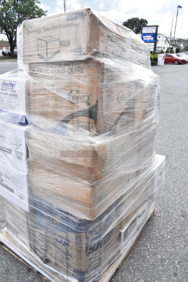 Pallet of brand new scratch and dent items; includes to-go containers, plastic bowls, cutlery, cold cups, and wine cups.