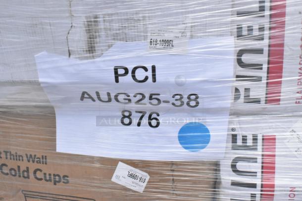 Pallet of 27 scratch and dent items, including to-go containers, plastic bowls, cutlery, labeled "PCI AUG25-38 876."