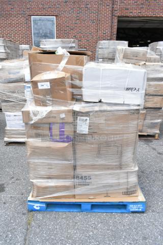 Pallet with 28 brand new scratch and dent items, including food baskets, tumblers, sweeper, trash can lids, wrapped in plastic.
