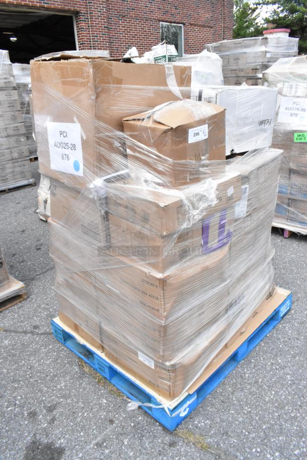 Pallet with 28 scratch and dent items, including food baskets, tumblers, brush floor sweeper, trash can lids, wrapped in plastic.