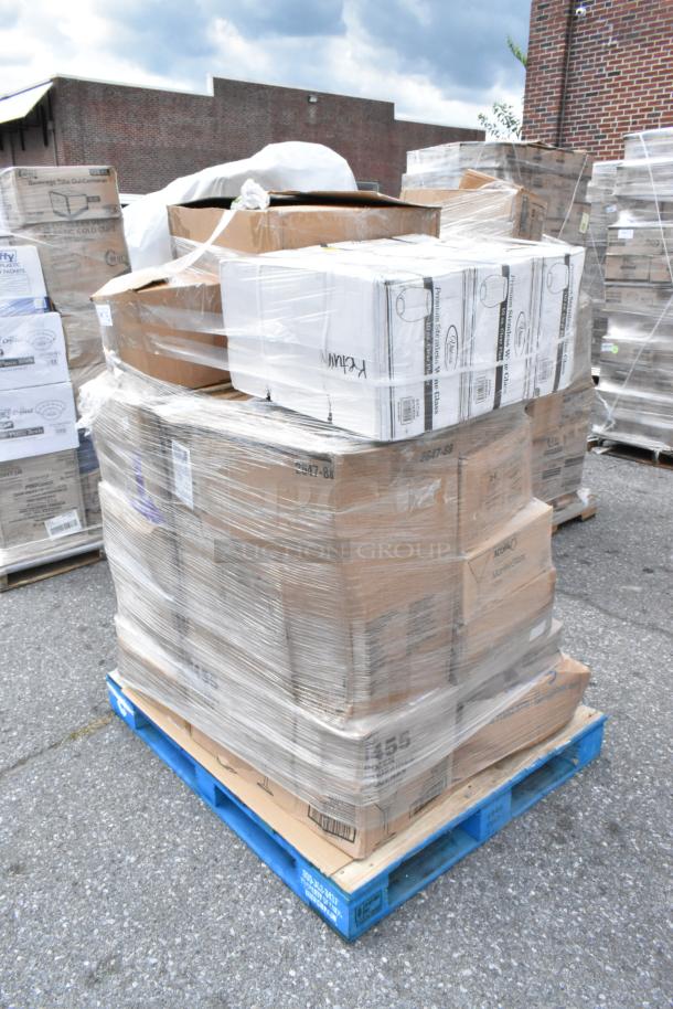 Pallet of plastic-wrapped boxes, labeled with kitchen and dining items; includes food baskets, tumblers, floor sweeper, and lids.