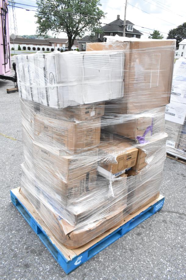 Pallet of 28 items including food baskets, tumblers, and more, wrapped in plastic. Some boxes marked for kitchen use.