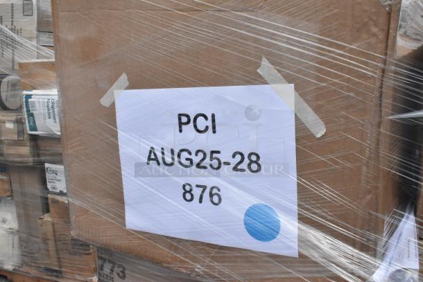 Bundle of 28 brand new scratch and dent items, including food baskets, tumblers, floor sweeper, and trash can lids. Labeled "PCI AUG25-28 876".