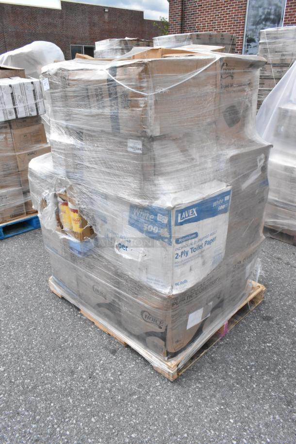Pallet of 27 brand new scratch and dent items, including towels, cups, and napkins, wrapped and labeled for auction sale.