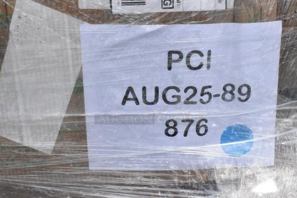 Plastic-wrapped pallet labeled "PCI AUG25-89 876" containing 27 brand new scratch and dent items.