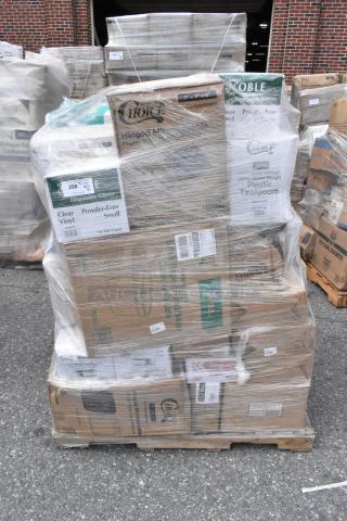 Pallet of mixed scratch and dent items, including hot cups, containers, cutlery, gloves. Brand new, original packaging.