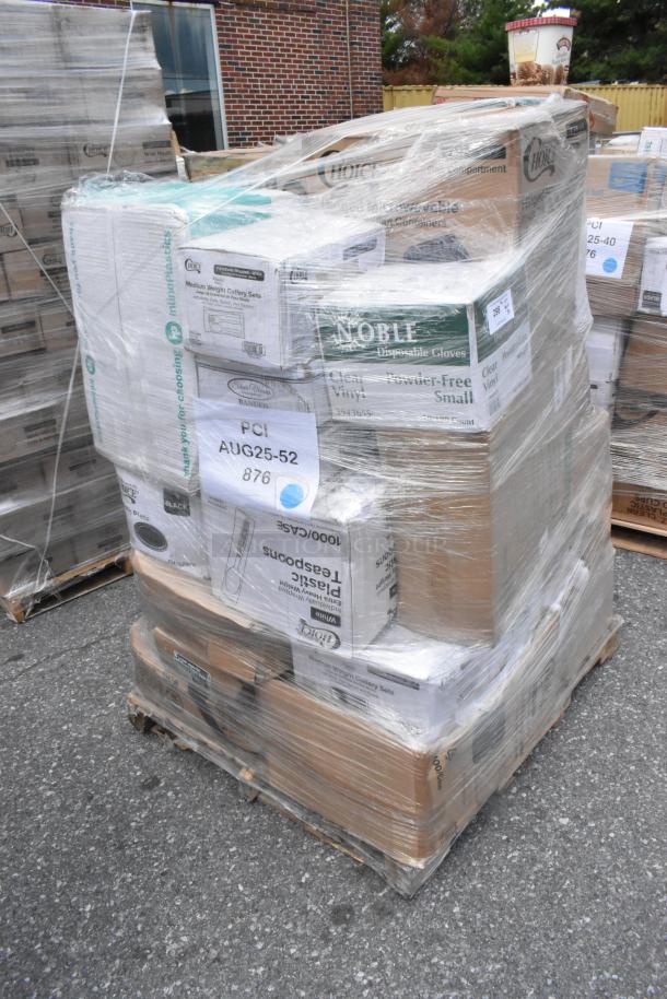Pallet with shrink-wrapped boxes of brand new items like hot cups, hairnet caps, containers, cutlery; visible labels include "Noble" and "Choice."