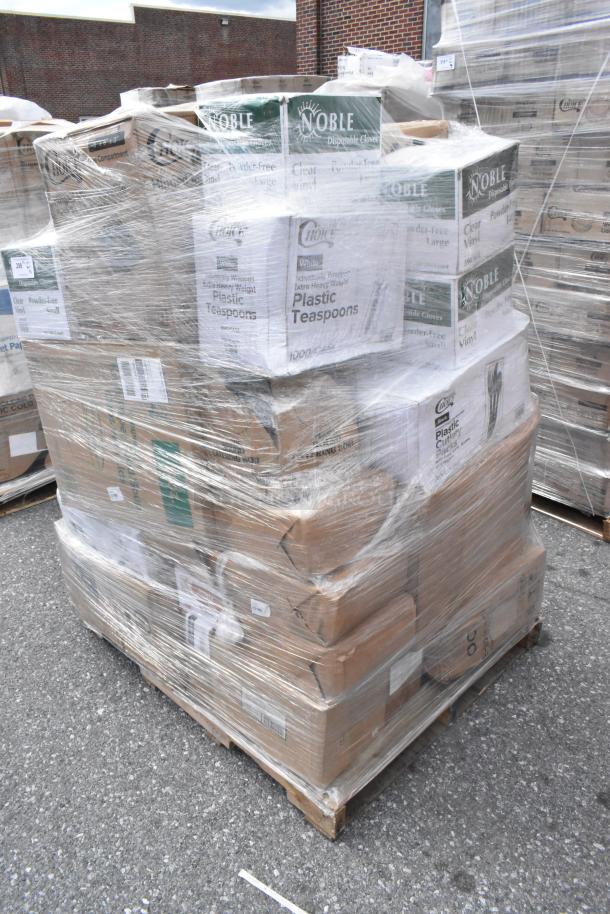 Pallet with boxes of brand new items including Noble disposable gloves, Chove plastic teaspoons, and more, wrapped in plastic.