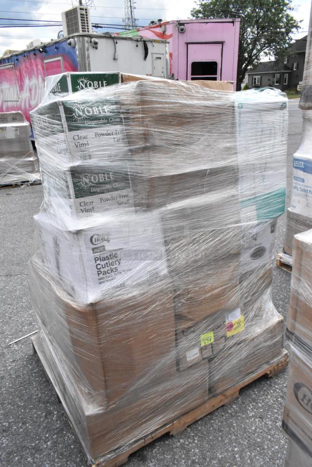 Pallet of 30 new scratch and dent items, including Noble gloves, Choice cutlery packs, hot cups, and containers.