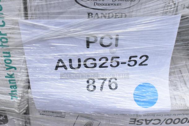 Plastic-wrapped pallet with label "PCI AUG25-52" and number "876." Contains scratch and dent items like hot cups and cutlery.