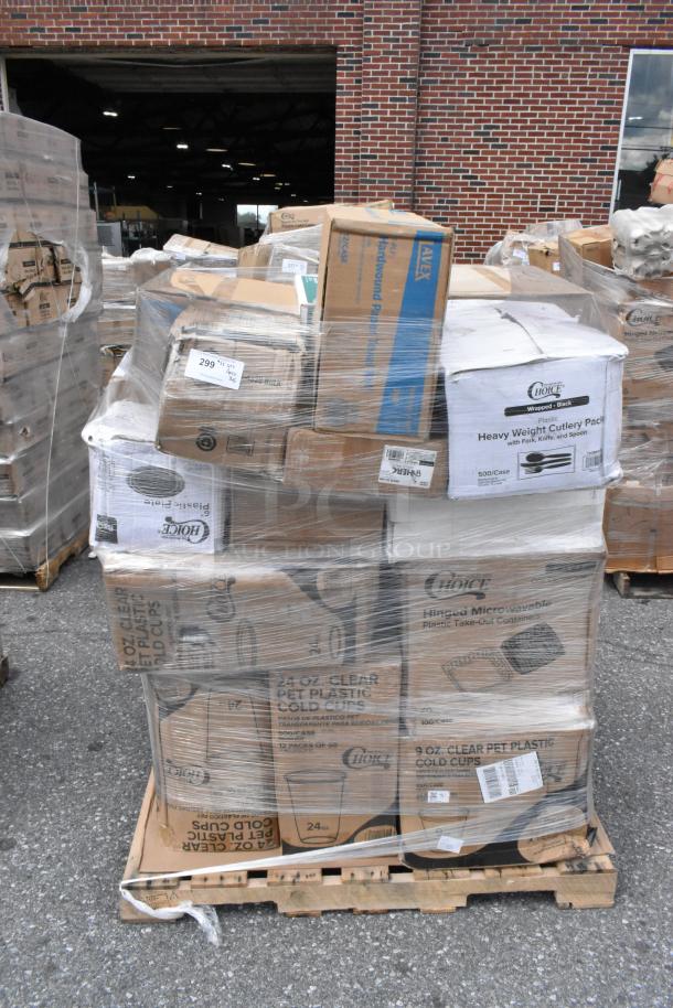 Pallet with 36 scratch and dent items including Choice brand cold cups, food bags, lids, and toilet paper in original packaging.