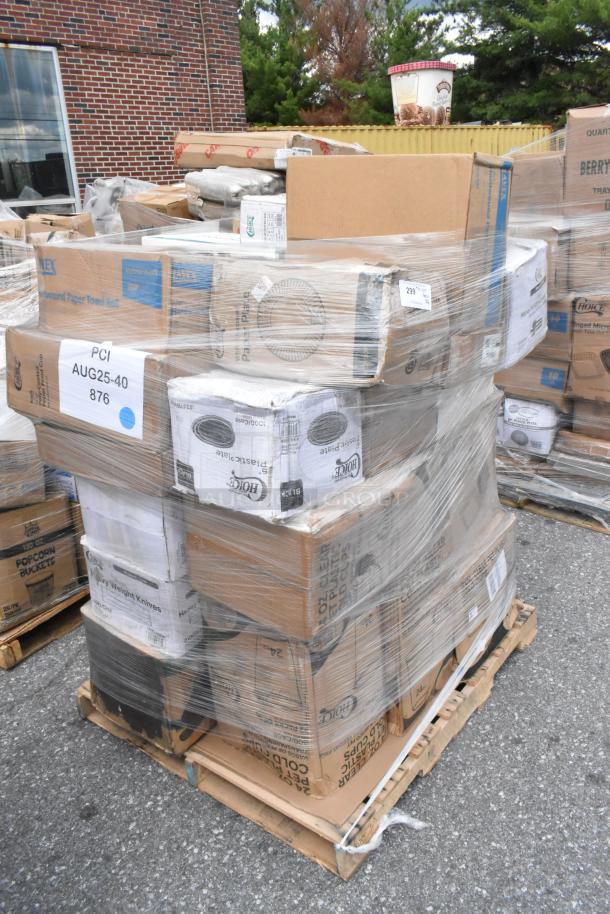 Pallet of 36 assorted new scratch and dent items, including cold cups, food bags, lids, in original packaging.