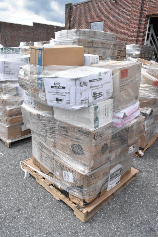 Pallet with 36 mixed items including cold cups, food bags, lids, toilet paper, and trash bags, wrapped in plastic.