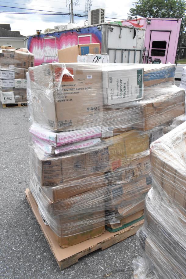Pallet of 36 brand new scratch-and-dent items, including food bags, lids, toilet paper, and napkins in shrink-wrapped boxes.