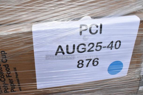 Pallet wrapped with stretch film, displaying a label: "PCI AUG25-40 876." Contains scratch and dent items like cold cups and food bags.