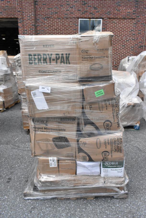 Pallet of 37 assorted new food packaging items, including boxes, cups, and lids. Some labels: Berry-Pak, Choice, Noble.