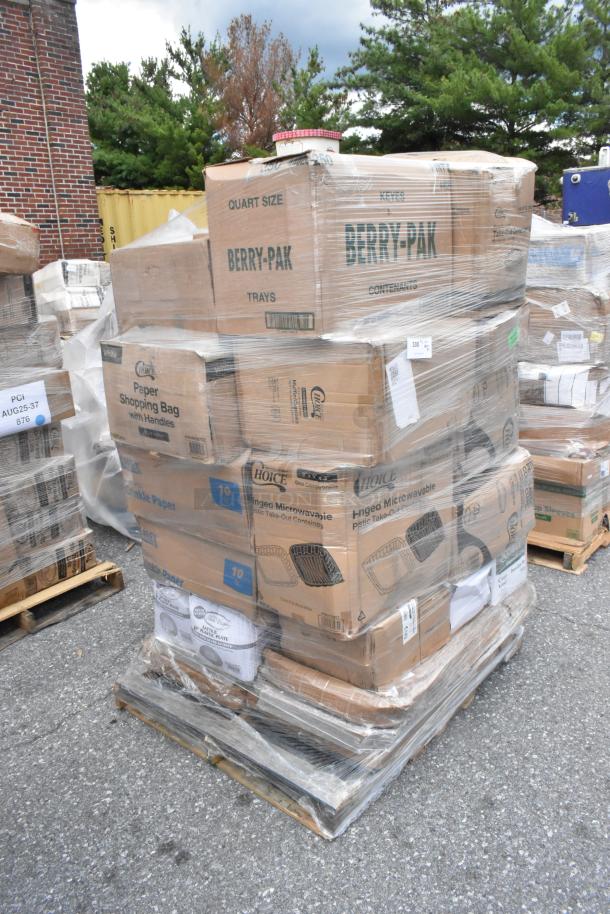Palette of 37 scratch and dent items: pizza boxes, cookie bags, cups, containers, napkins, and lids; in original packaging.