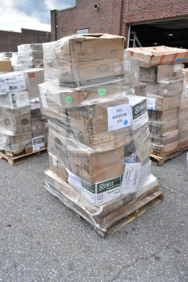 Pallet of assorted scratch and dent items with boxes of pizza boxes, cups, napkins. Labels: PCI AUG25-96 876. Wrapped in plastic.