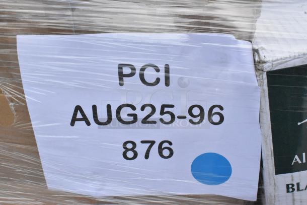 Pallet wrapped with plastic showing label "PCI AUG25-96, 876" among boxes of scratch and dent items like pizza boxes and cups.