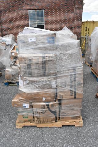Pallet of 32 new scratch and dent items, including T-shirt bags, portion cups, cold cups, wrap sheets, and towels.
