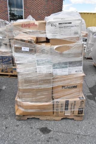 Pallet of 36 new scratch and dent items including cutlery, lids, towels; visible labels for heavyweight cutlery packs.