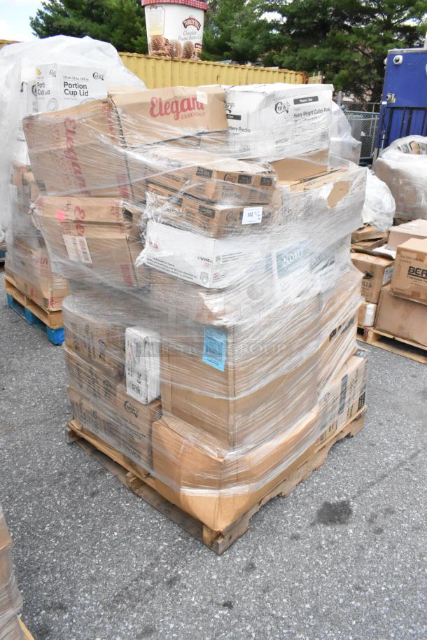 Pallet of 36 assorted brand new scratch and dent items including cutlery, lids, towels, soap refills, and guest receipts.