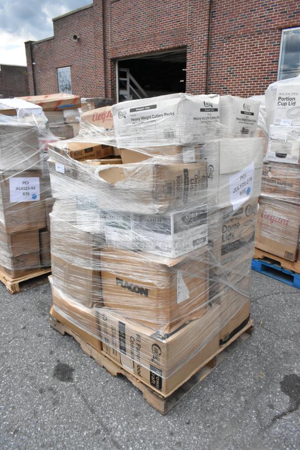 Pallet of 36 new scratch and dent items. Includes cutlery, lids, towels, soap, guest receipts. Wrapped in plastic.