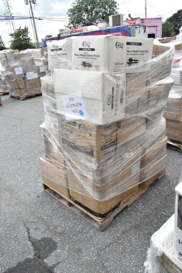 Pallet of 36 new scratch and dent items includes cutlery packs, dome lids, soap refills. Wrapped and labeled for auction.