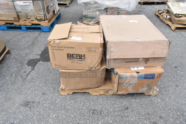 10 brand new scratch and dent items on pallets, including mop heads and mop bucket. Boxes show "BERK" branding.