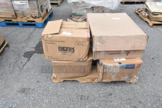 10 brand new scratch and dent items on pallets, including mop heads and mop bucket. Boxes show "BERK" branding.