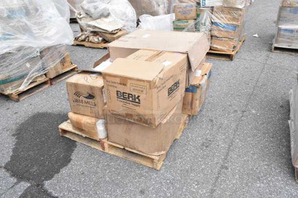 Pallet of boxed items, including mop heads and mop bucket, various brands like BERK and 1888 Mills. Some boxes damaged.