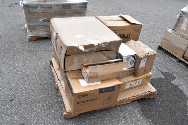 Boxes on a pallet containing 10 new scratch and dent items, including Lavex mop bucket and mop heads.