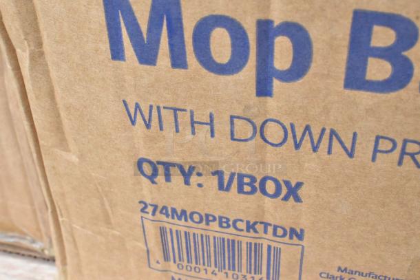 Cardboard box with "Mop B" label, indicating one mop bucket per box. Includes barcode and item code 274MOPBCKTDN.