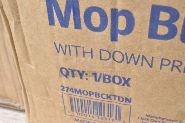 Cardboard box for mop bucket with down press, labeled "QTY: 1/BOX 274MOPBCKTDN." New, scratch and dent.