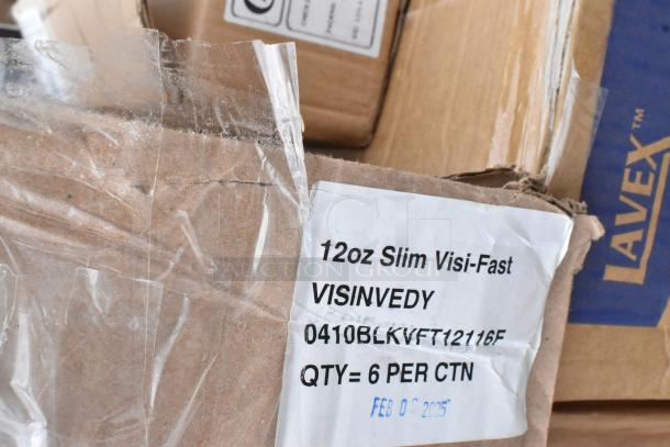 Cardboard boxes labeled "12oz Slim Visi-Fast" with "QTY= 6 PER CTN." Items are brand new, including mop heads and a mop bucket.