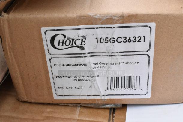 Cardboard box with label "CHOICE" and item code 105GC36321 indicating 50 packs of carbonless guest checks, size 3.5x6.69 inches.